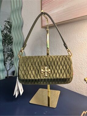 Tory Burch Olive Green Quilted Shoulder Bag with Gold Logo